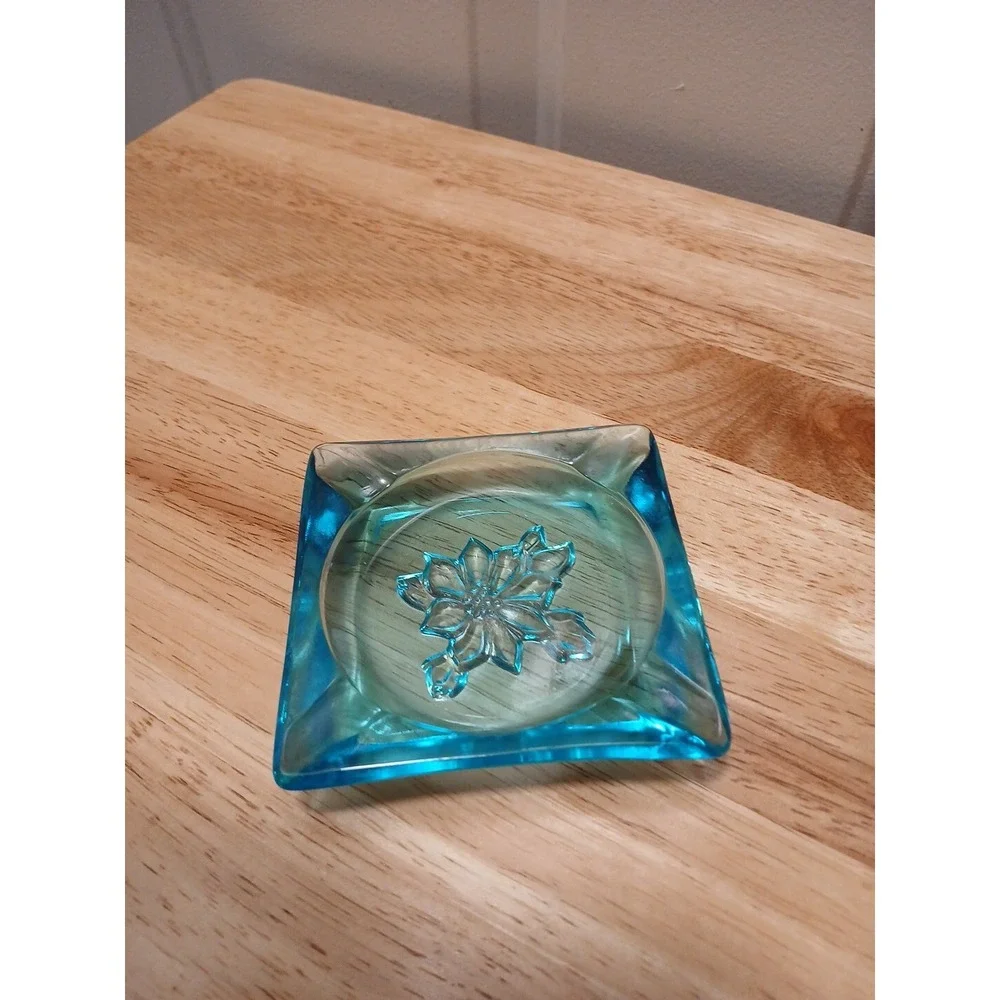 Vintage Hazel Atlas Glass Cobalt Blue Blossom 3-1/2" Square Ashtray MCM Clear - Picture 4 of 6